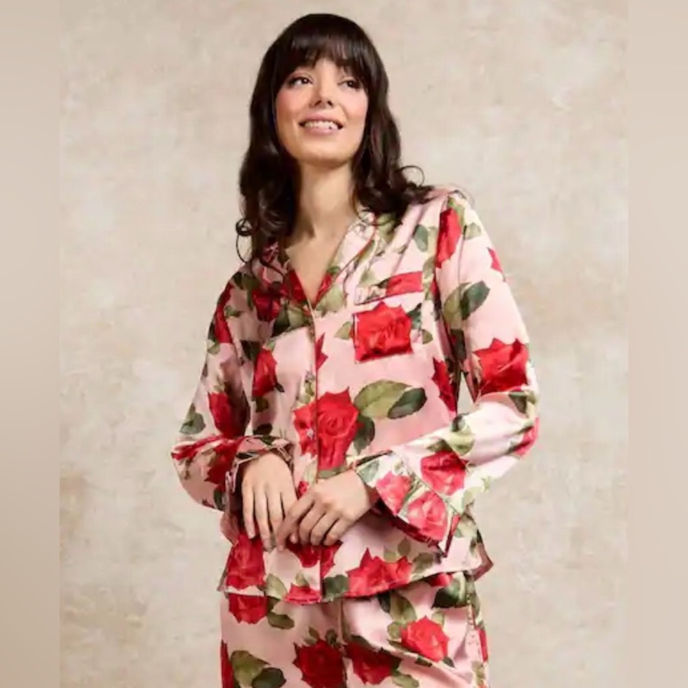 NWT Their Nibs Pink Rose Satin Long Sleeve Button Up Pajama Top Ruffle Cuffs S